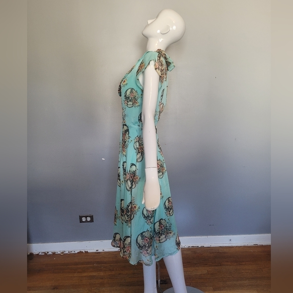 Collectif Violet Skull Chiffon Dress, GUC, Size 12 - Picture 5 of 10